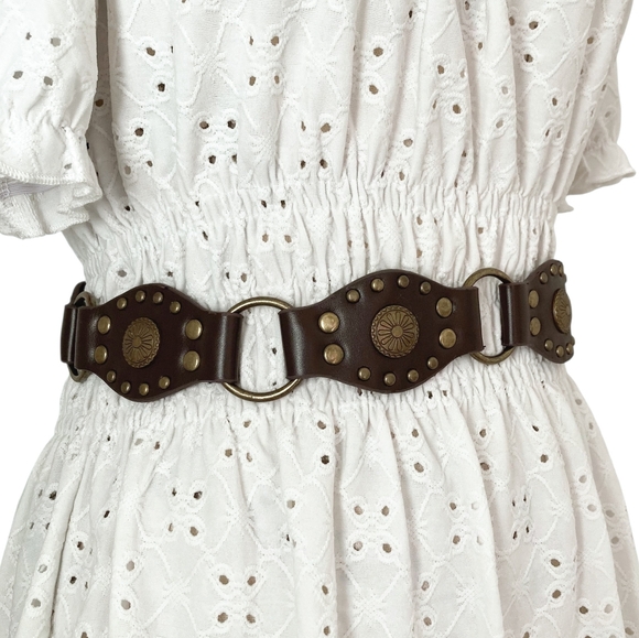 Western brown faux leather concho gold buckle Boho festival studded waist belt - Picture 5 of 15